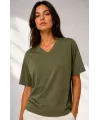 Kadın V Yaka Basic Tişört Kısa Kol Yazlık Regular Fit T-Shirt - Haki