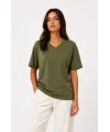 Kadın V Yaka Basic Tişört Kısa Kol Yazlık Regular Fit T-Shirt - Haki