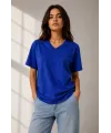 Kadın V Yaka Basic Tişört Kısa Kol Yazlık Regular Fit T-Shirt - Saks Mavisi