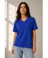 Kadın V Yaka Basic Tişört Kısa Kol Yazlık Regular Fit T-Shirt - Saks Mavisi
