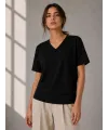 Kadın V Yaka Basic Tişört Kısa Kol Yazlık Regular Fit T-Shirt - Siyah