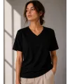Kadın V Yaka Basic Tişört Kısa Kol Yazlık Regular Fit T-Shirt - Siyah