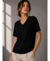 Kadın V Yaka Basic Tişört Kısa Kol Yazlık Regular Fit T-Shirt - Siyah