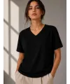 Kadın V Yaka Basic Tişört Kısa Kol Yazlık Regular Fit T-Shirt - Siyah