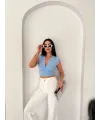 Kadın Vatkalı Kolsuz V Yaka Drapeli Crop Bluz Likralı Fit - Bebek Mavisi
