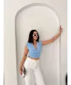 Kadın Vatkalı Kolsuz V Yaka Drapeli Crop Bluz Likralı Fit - Bebek Mavisi