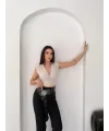 Kadın Vatkalı Kolsuz V Yaka Drapeli Crop Bluz Likralı Fit - Boyalı Gri