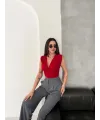 Kadın Vatkalı Kolsuz V Yaka Drapeli Crop Bluz Likralı Fit - Kırmızı