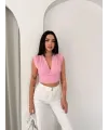 Kadın Vatkalı Kolsuz V Yaka Drapeli Crop Bluz Likralı Fit - Pembe