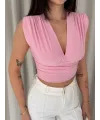 Kadın Vatkalı Kolsuz V Yaka Drapeli Crop Bluz Likralı Fit - Pembe