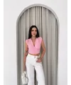 Kadın Vatkalı Kolsuz V Yaka Drapeli Crop Bluz Likralı Fit - Pembe
