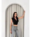 Kadın Vatkalı Kolsuz V Yaka Drapeli Crop Bluz Likralı Fit - Siyah