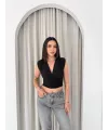 Kadın Vatkalı Kolsuz V Yaka Drapeli Crop Bluz Likralı Fit - Siyah