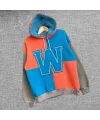 Kadın W Nakış İşlemeli Kapüşonlu 3 iplik pamuklu Parçalı Sweatshirt Hoodie - Mavi