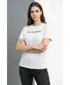 Kadın Wafıl Kumaş Tişört Regular Kalıp Bisiklet Yaka Baskılı T-Shirt - Beyaz