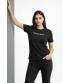 Kadın Wafıl Kumaş Tişört Regular Kalıp Bisiklet Yaka Baskılı T-Shirt - Siyah