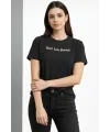 Kadın Wafıl Kumaş Tişört Regular Kalıp Bisiklet Yaka Baskılı T-Shirt - Siyah