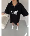 Kadın Yarım Fermuarlı Tişört Baskılı T-Shirt - Siyah