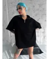 Kadın Yarım Fermuarlı Tişört Kısa kol T-Shirt - Siyah