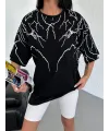 Kadın Yıldırım şimşek Baskılı T-Shirt Kısa Kol Bisiklet Yaka Oversize Tişört - Siyah