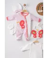 iegiyim™ Kelebek Nakışlı Puanlı Tulumlu % 100 Pamuk Kız Bebek 5li Set