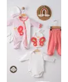 iegiyim™ Kelebek Nakışlı Puanlı Tulumlu % 100 Pamuk Kız Bebek 5li Set