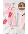 iegiyim™ Kelebek Nakışlı Puanlı Tulumlu % 100 Pamuk Kız Bebek 5li Set