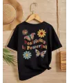 Kız Çocuk Bisiklet Yaka Baskılı T-Shirt - Siyah