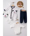 iegiyim™ Puanlı Ayıcık Nakışlı Tulumlu % 100 Pamuk Erkek Bebek 5li Set