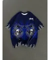 Unisex Bisiklet Yaka Baskılı Oversize T-Shirt - Lacivert