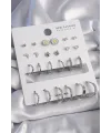 ietaks™ Pirinç Gümüş Renk Papatya Detaylı 12 Çiftli Kadın Küpe Seti