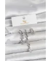 ietaks™ Pirinç Gümüş Renk Pembe Zirkon Taşlı 3lü Kadın Küpe