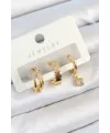 ietaks™ Pirinç Zirkon Taşlı Halka Model Gold Renk 3lü Çift Kadın Küpe Set