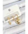 ietaks™ Pirinç Zirkon Taşlı Kalp Model Gold Renk 3lü Çift Kadın Küpe Set