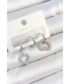 ietaks™ Pirinç Zirkon Taşlı Kalp Model Gümüş Renk 3lü Çift Kadın Küpe Set