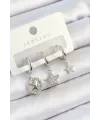 ietaks™ Pirinç Zirkon Taşlı Yıldız Model Gümüş Renk 3lü Çift Kadın Küpe Set