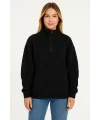 Kadın 3 İplik Pamuklu Dık Yaka Yarım Fermuarlı SweatShirt - Siyah