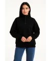 Kadın 3 İplik Pamuklu Dık Yaka Yarım Fermuarlı SweatShirt - Siyah