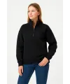 Kadın 3 İplik Pamuklu Dık Yaka Yarım Fermuarlı SweatShirt - Siyah