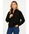 Kadın 3 İplik Pamuklu Dık Yaka Yarım Fermuarlı SweatShirt - Siyah