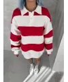 Kadın 3 İplik Pamuklu Parçalı Yakalı SweatShirt - Kırmızı