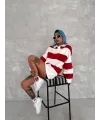 Kadın 3 İplik Pamuklu Parçalı Yakalı SweatShirt - Kırmızı