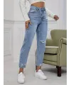 Kadın Açık Mavi Yırtık Mom Fit Kot Pantolon