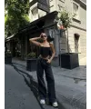 Kadın Arkadan Yırtmaçlı Jeans Kot Palazzo Pantolon - Siyah