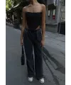 Kadın Arkadan Yırtmaçlı Jeans Kot Palazzo Pantolon - Siyah