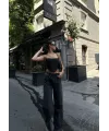 Kadın Arkadan Yırtmaçlı Jeans Kot Palazzo Pantolon - Siyah