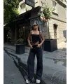 Kadın Arkadan Yırtmaçlı Jeans Kot Palazzo Pantolon - Siyah