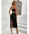 Kadın Askılı Crop Bel Detaylı Derin Yırtmaçlı Etek Triko Ikili Takım