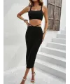Kadın Askılı Crop Bel Detaylı Derin Yırtmaçlı Etek Triko Ikili Takım