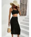 Kadın Askılı Crop Bel Detaylı Derin Yırtmaçlı Etek Triko Ikili Takım